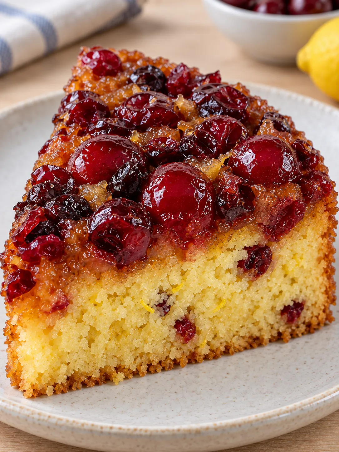Upside-down fruit cake with cherries and lemon — cranberries