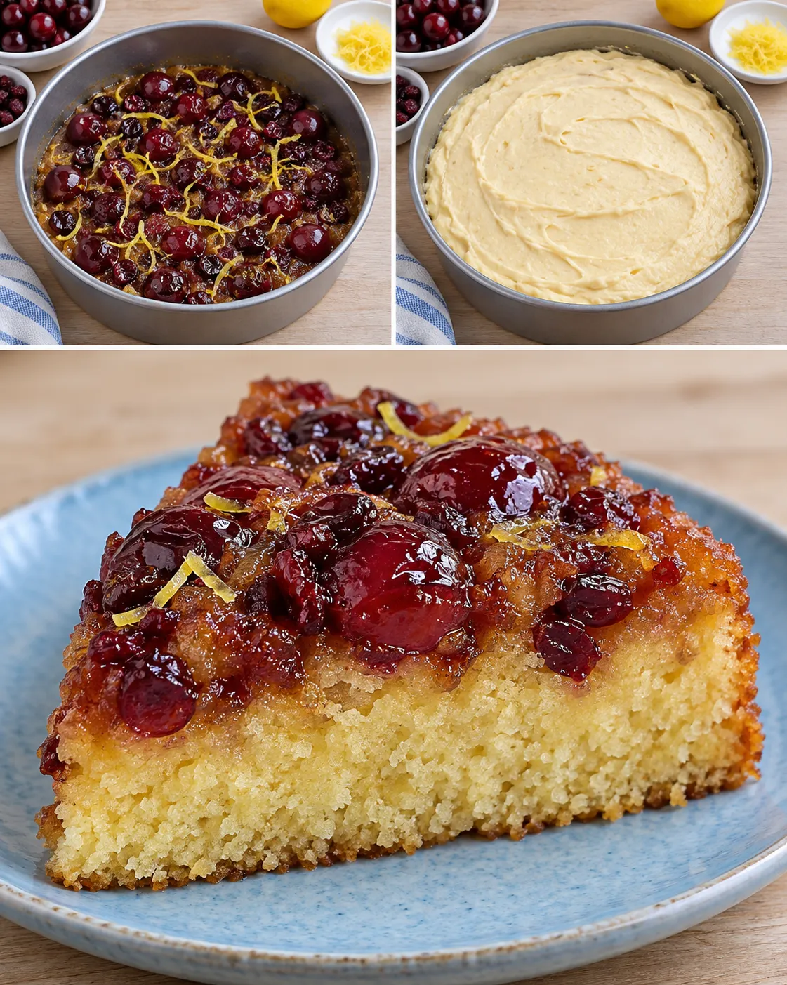 Upside-down fruit cake with cherries and lemon — cranberries