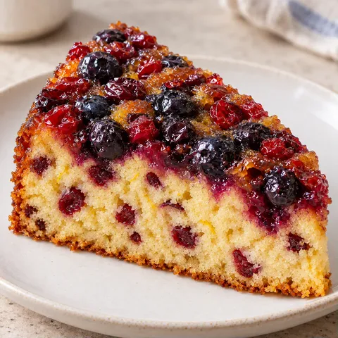 Upside-down fruit cake with blueberries and lemon — cranberries