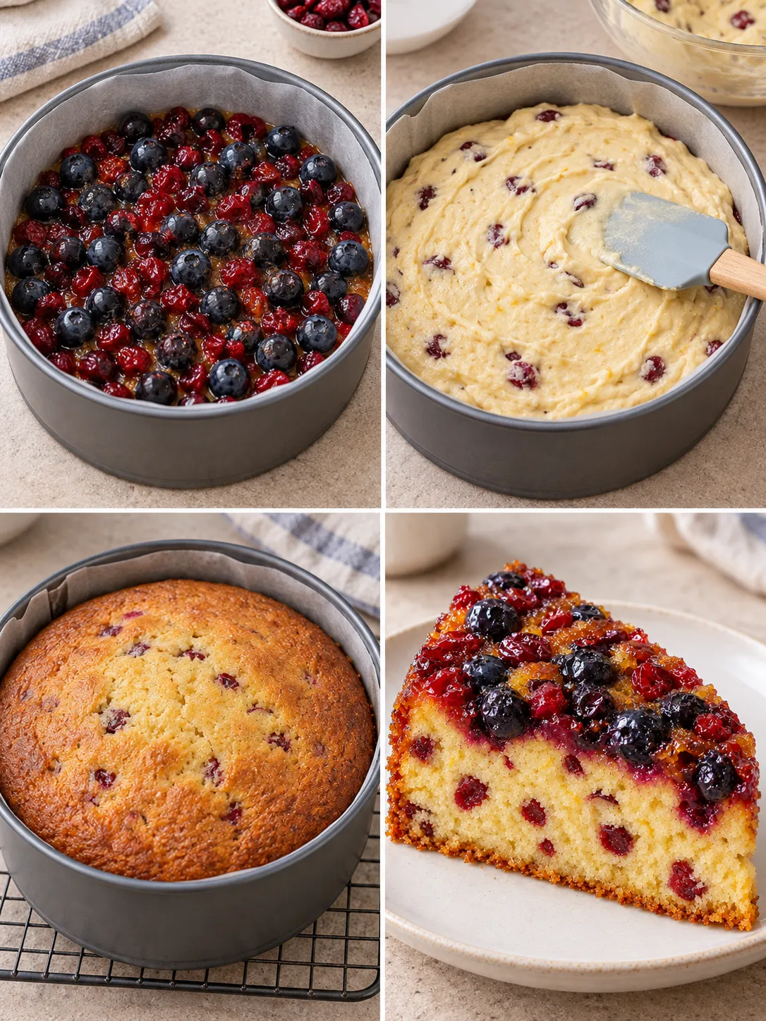 Upside-down fruit cake with blueberries and lemon — cranberries
