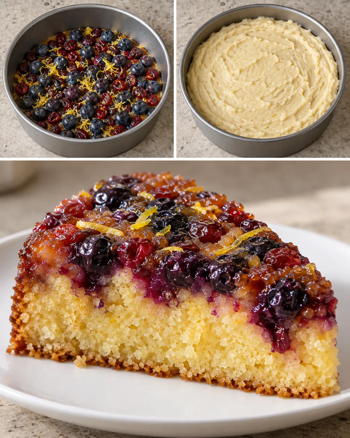 Upside-down fruit cake with blueberries and lemon — cranberries