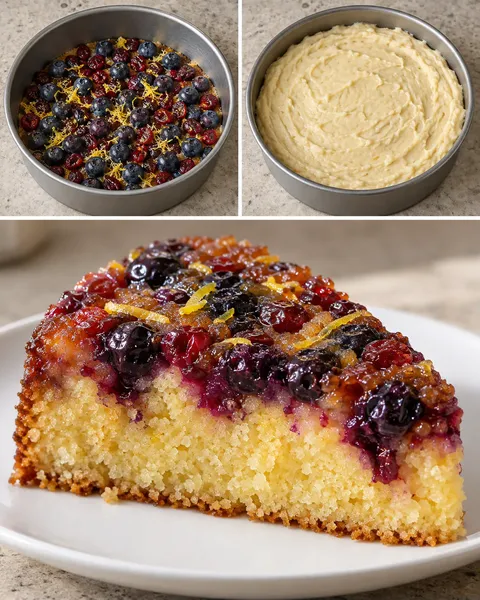Upside-down fruit cake with blueberries and lemon — cranberries