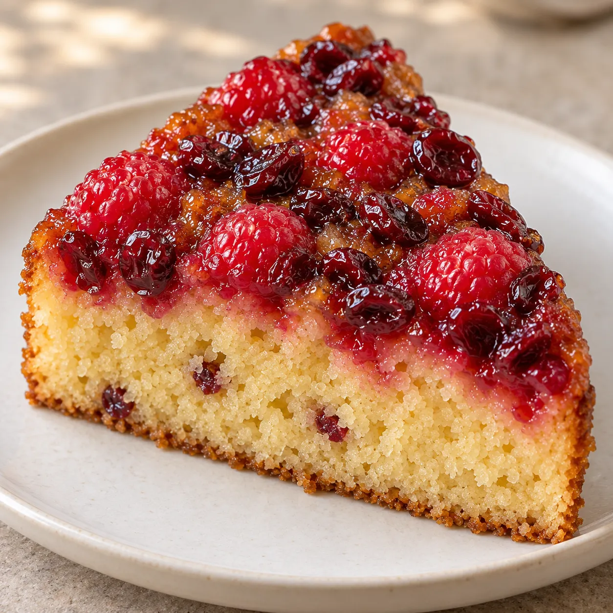Upside-down fruit cake with raspberries and vanilla — cranberries