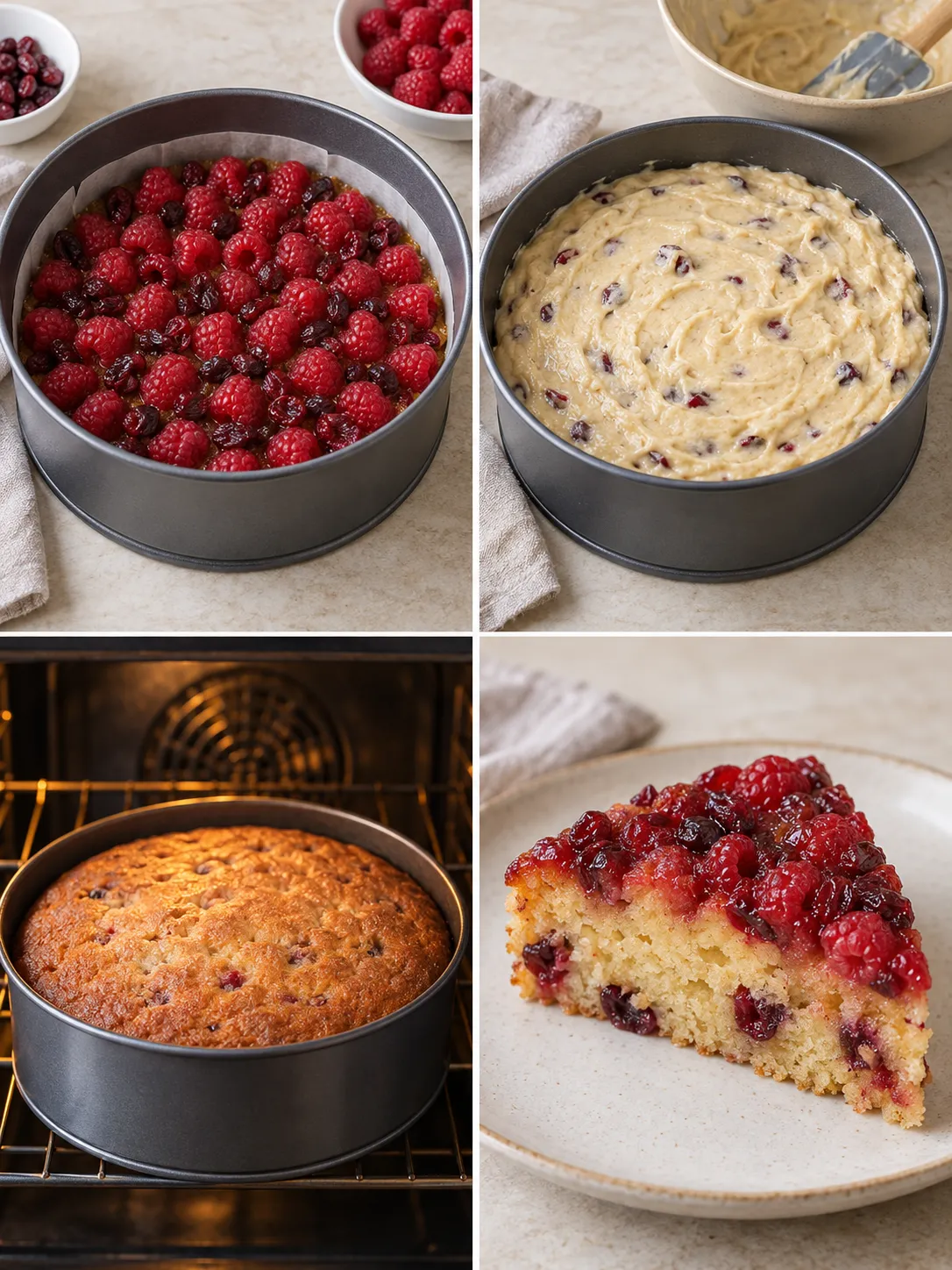 Upside-down fruit cake with raspberries and vanilla — cranberries