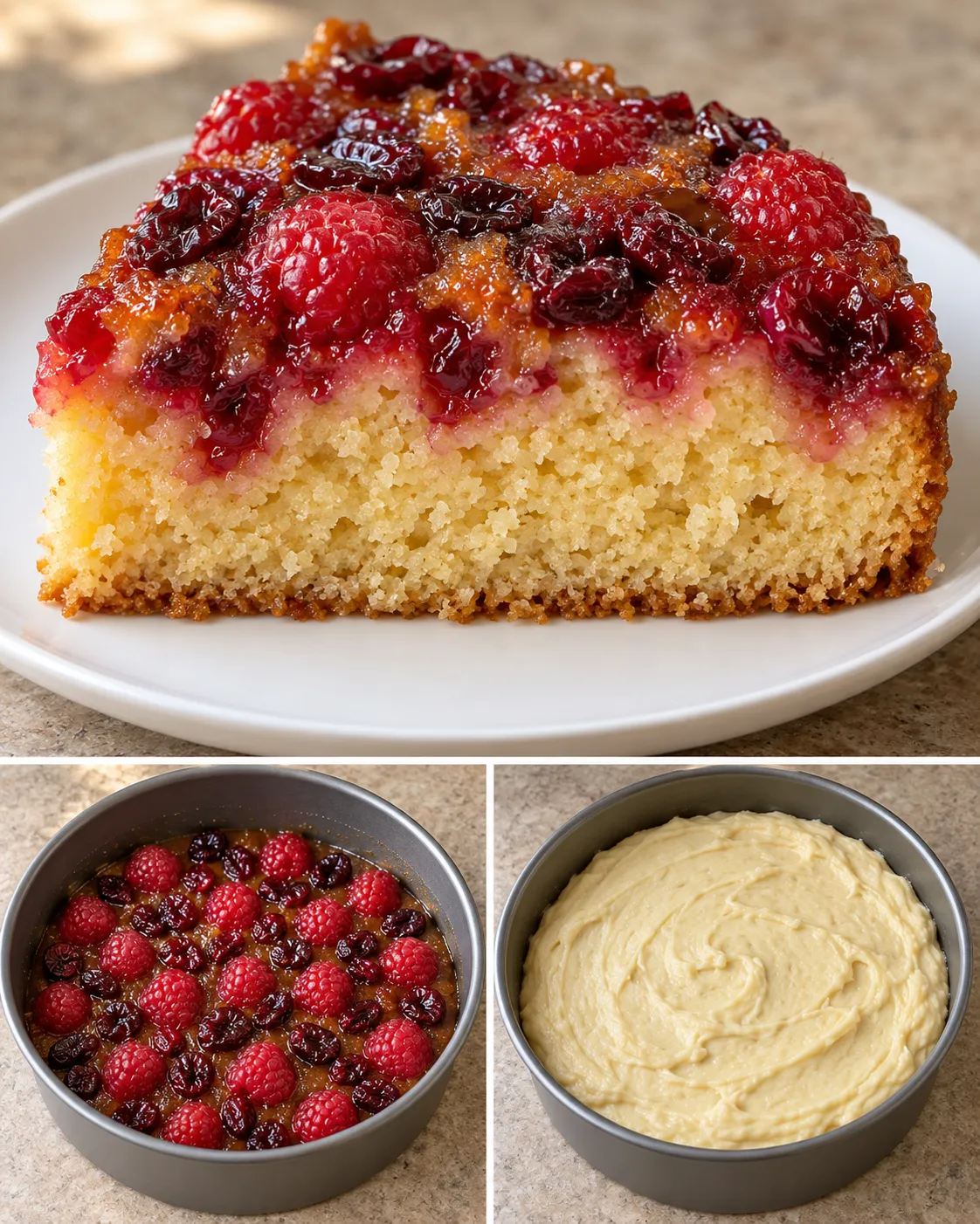Upside-down fruit cake with raspberries and vanilla — cranberries