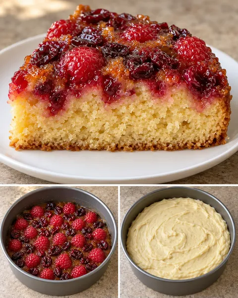 Upside-down fruit cake with raspberries and vanilla — cranberries