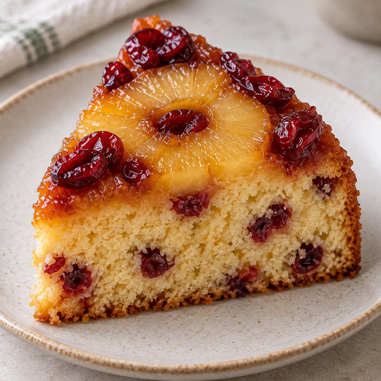 Upside-down fruit cake with pineapple and lime — cranberries