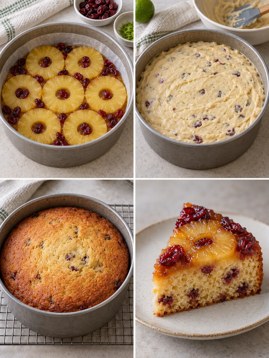 Upside-down fruit cake with pineapple and lime — cranberries