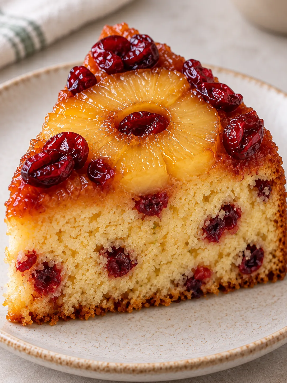 Upside-down fruit cake with pineapple and lime — cranberries