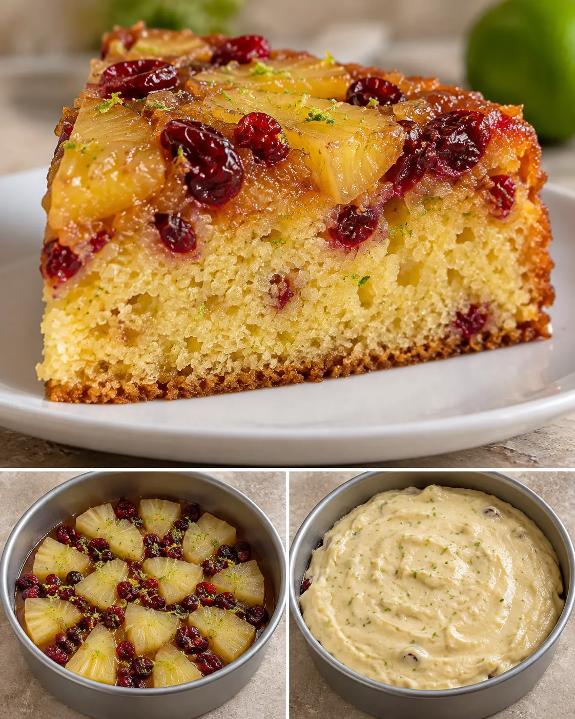 Upside-down fruit cake with pineapple and lime — cranberries