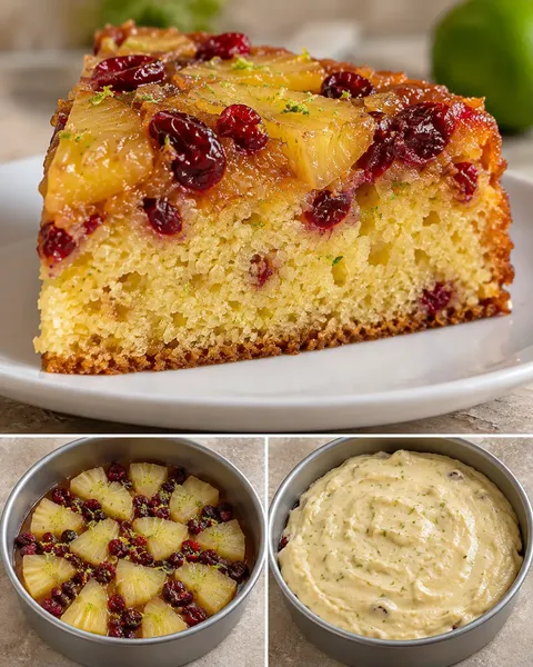 Upside-down fruit cake with pineapple and lime — cranberries