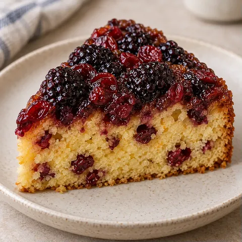Upside-down fruit cake with blackberries and orange — cranberries