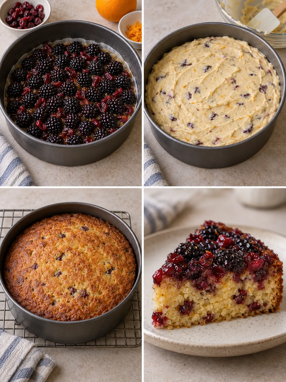 Upside-down fruit cake with blackberries and orange — cranberries