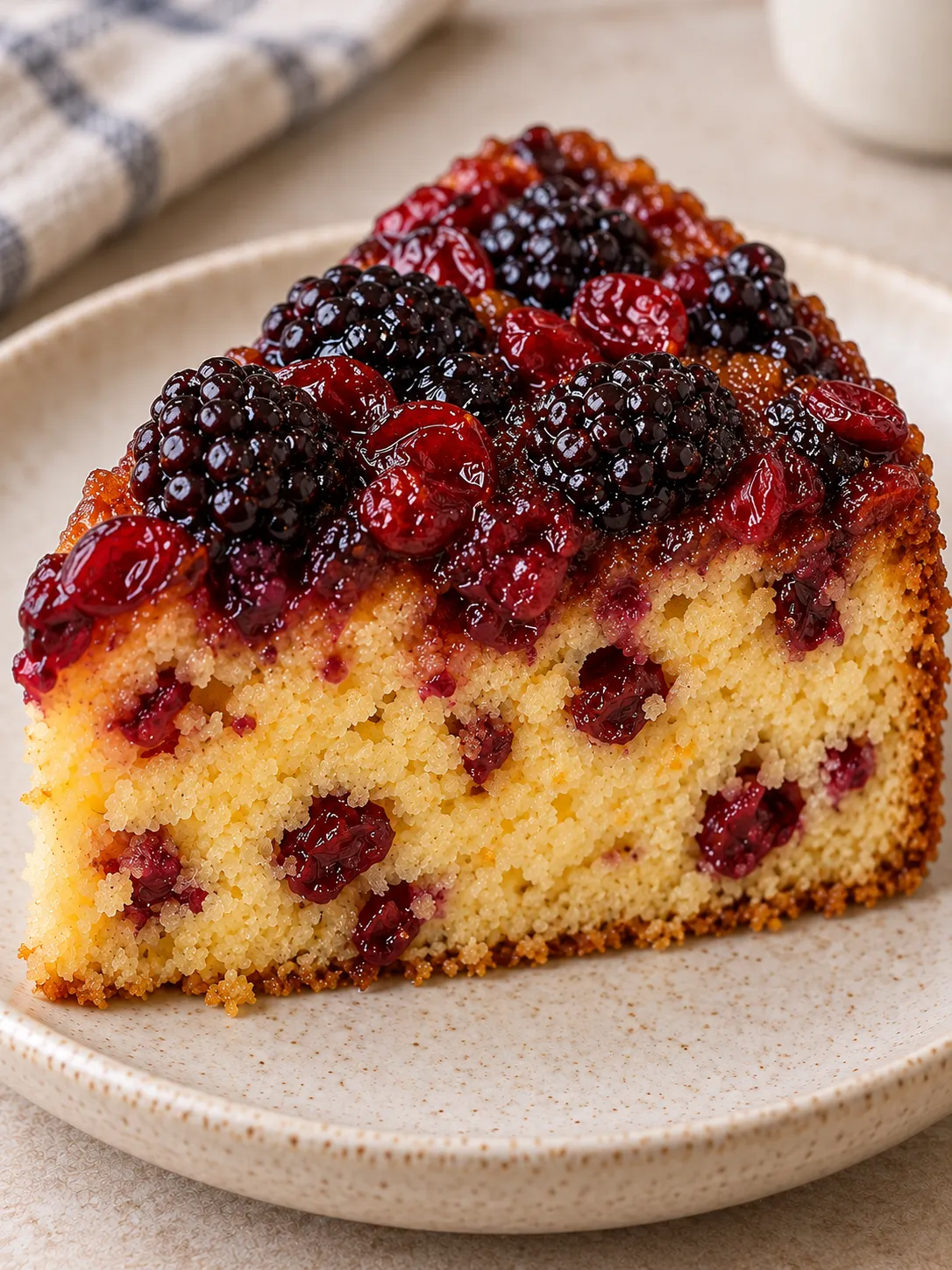 Upside-down fruit cake with blackberries and orange — cranberries