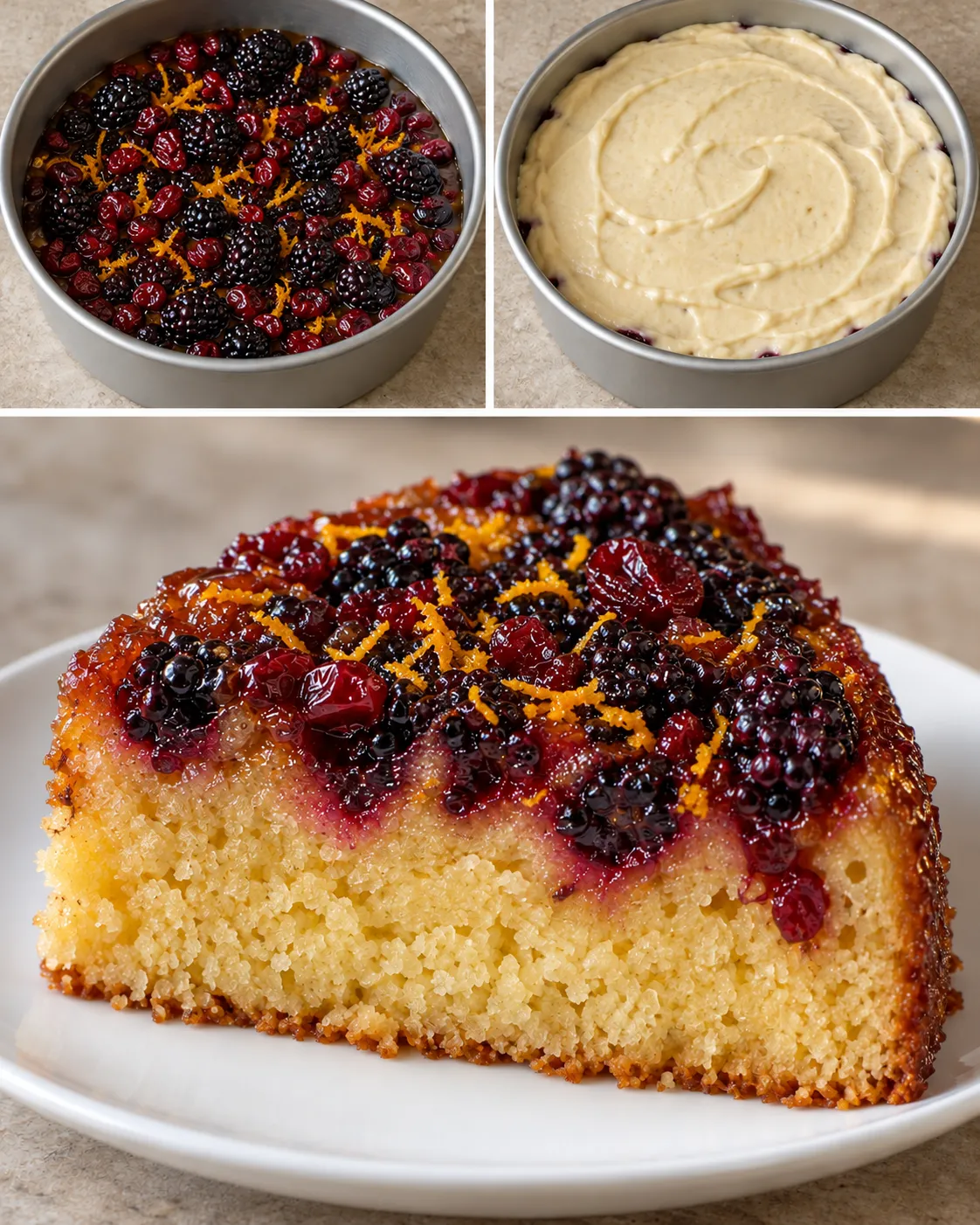 Upside-down fruit cake with blackberries and orange — cranberries