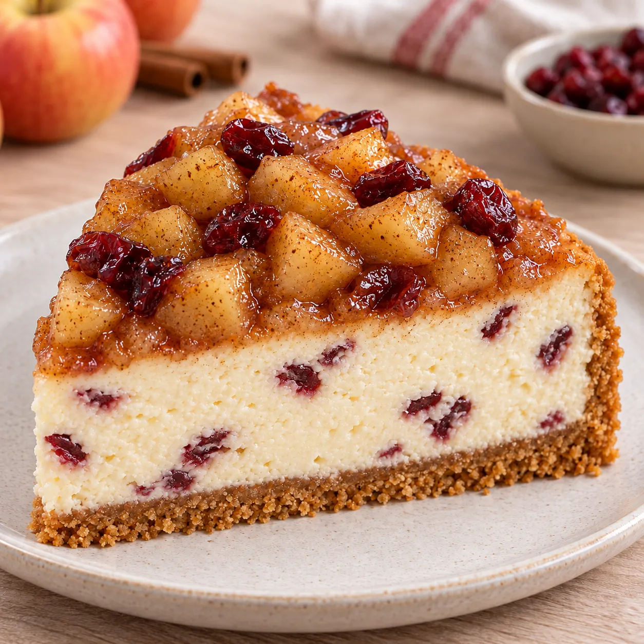 Baked cheesecake with apple and cinnamon — cranberries