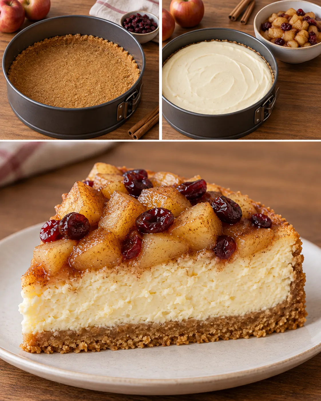 Baked cheesecake with apple and cinnamon — cranberries