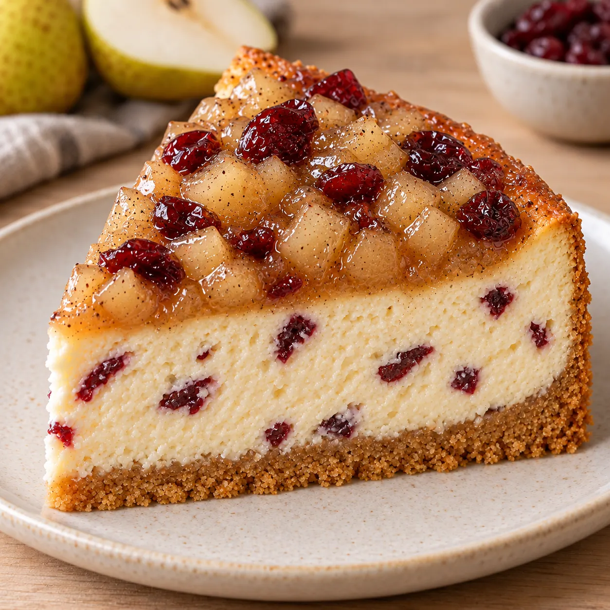 Baked cheesecake with pear and cardamom — cranberries
