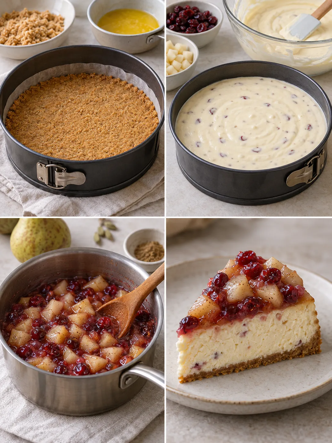 Baked cheesecake with pear and cardamom — cranberries