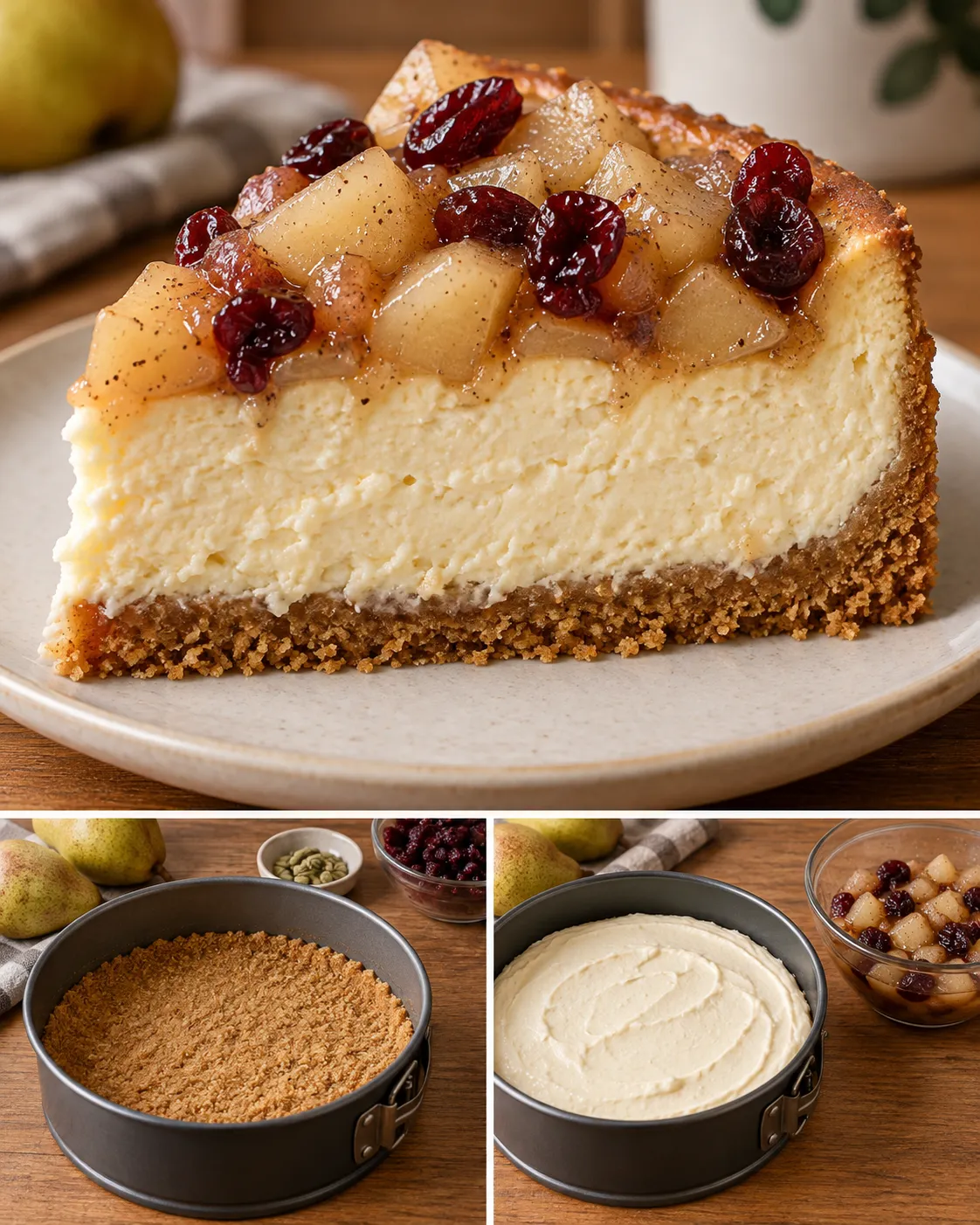 Baked cheesecake with pear and cardamom — cranberries