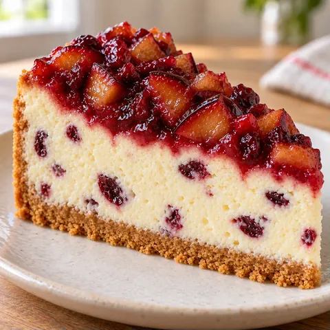 Baked cheesecake with plums and vanilla — cranberries