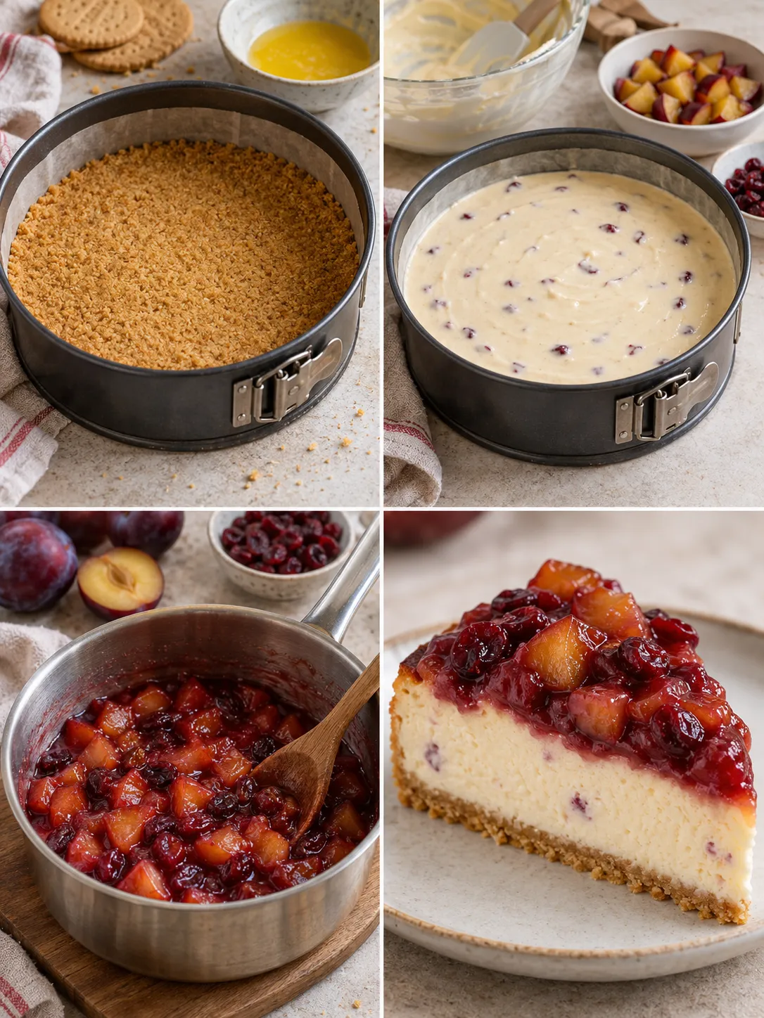 Baked cheesecake with plums and vanilla — cranberries
