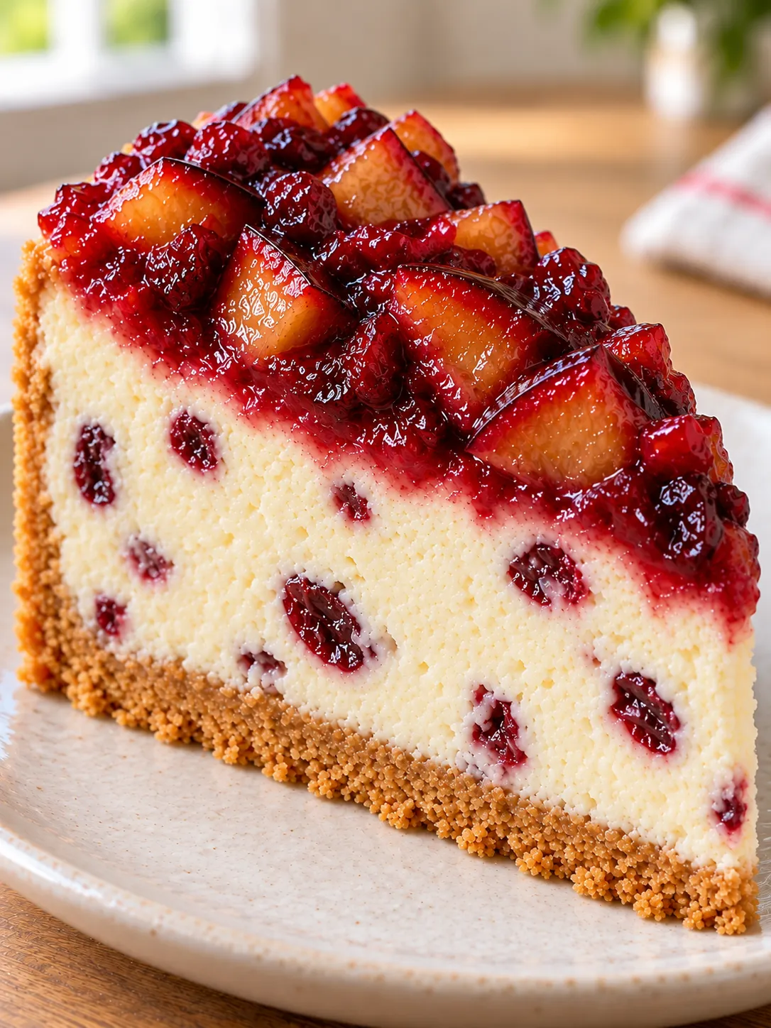 Baked cheesecake with plums and vanilla — cranberries