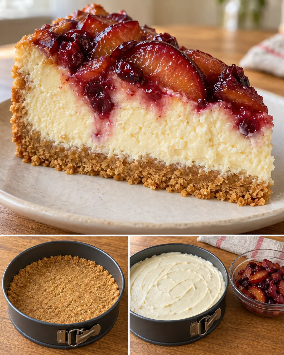Baked cheesecake with plums and vanilla — cranberries