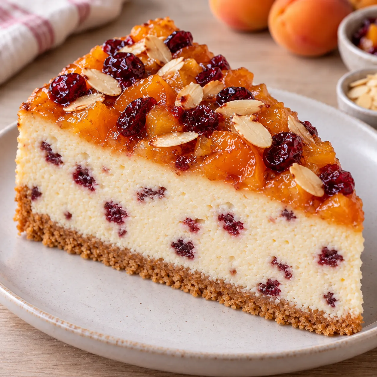 Baked cheesecake with apricots and almonds — cranberries