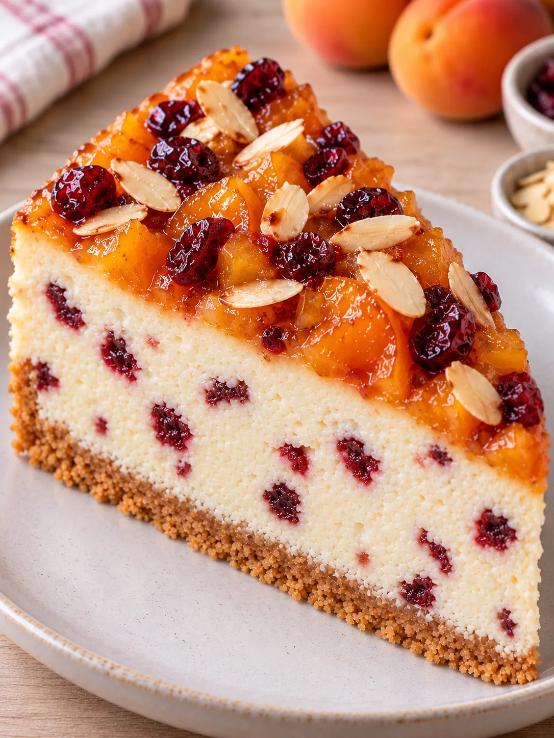 Baked cheesecake with apricots and almonds — cranberries