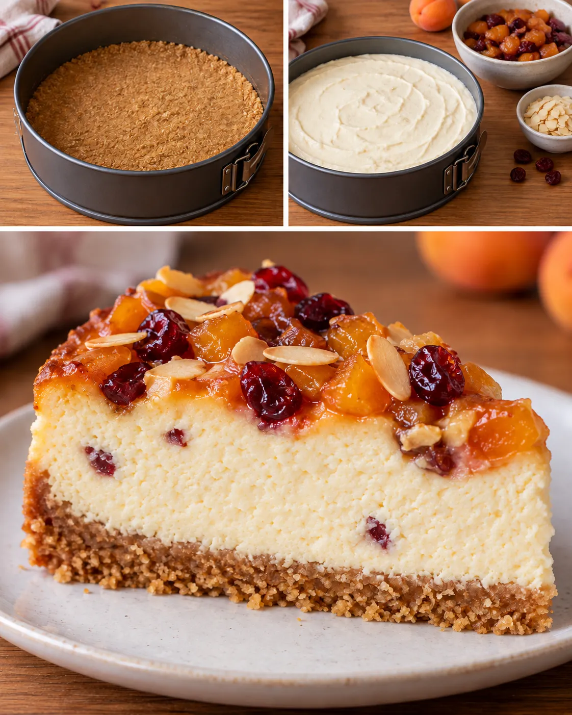 Baked cheesecake with apricots and almonds — cranberries