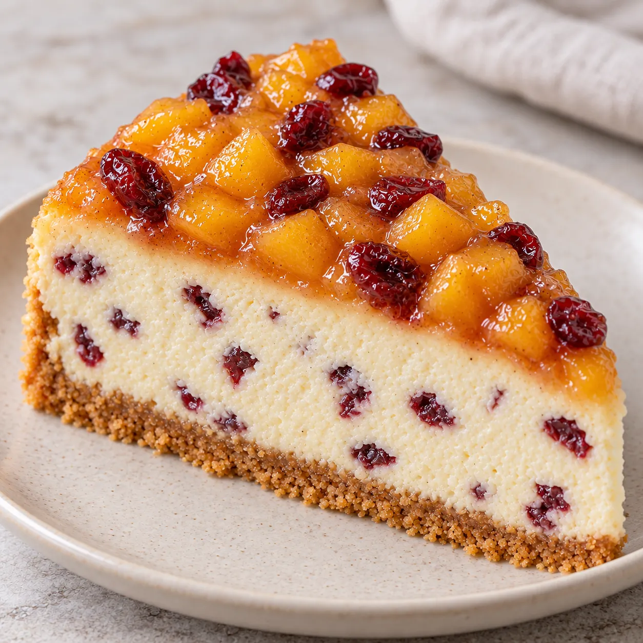 Baked cheesecake with peaches and vanilla — cranberries