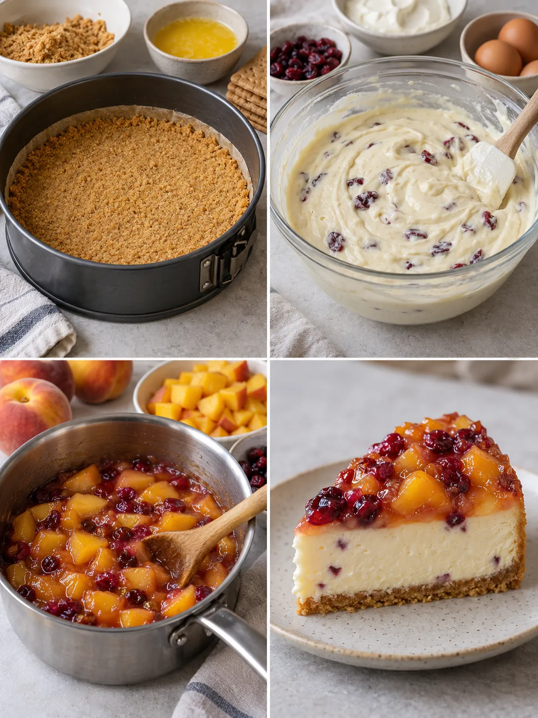 Baked cheesecake with peaches and vanilla — cranberries