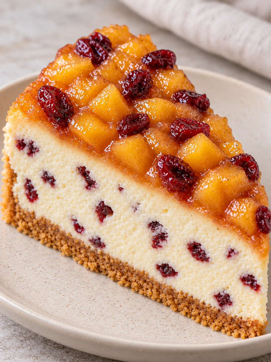 Baked cheesecake with peaches and vanilla — cranberries