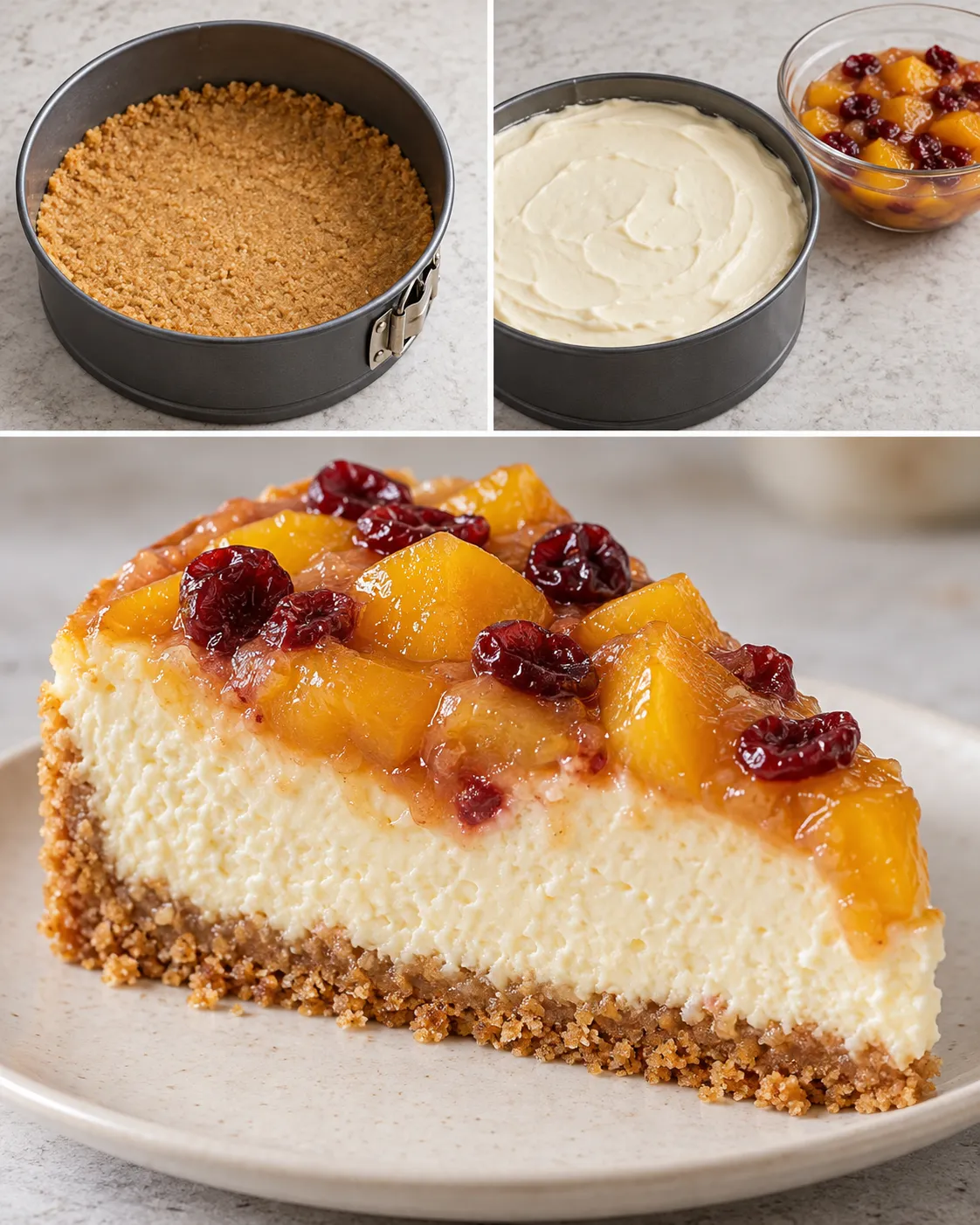 Baked cheesecake with peaches and vanilla — cranberries