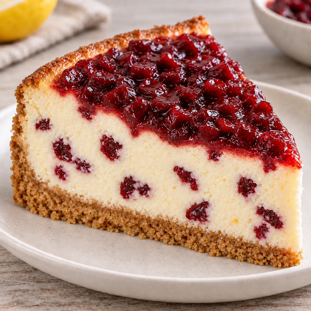 Baked cheesecake with cherries and lemon — cranberries
