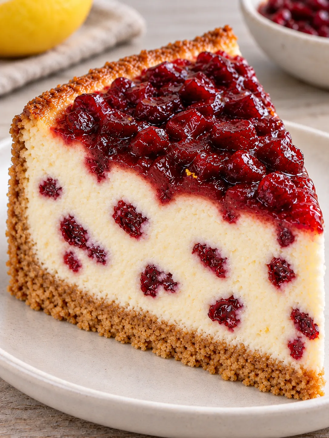 Baked cheesecake with cherries and lemon — cranberries