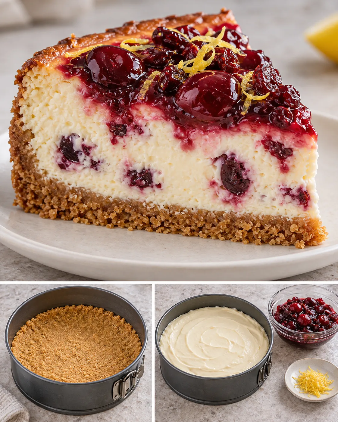 Baked cheesecake with cherries and lemon — cranberries