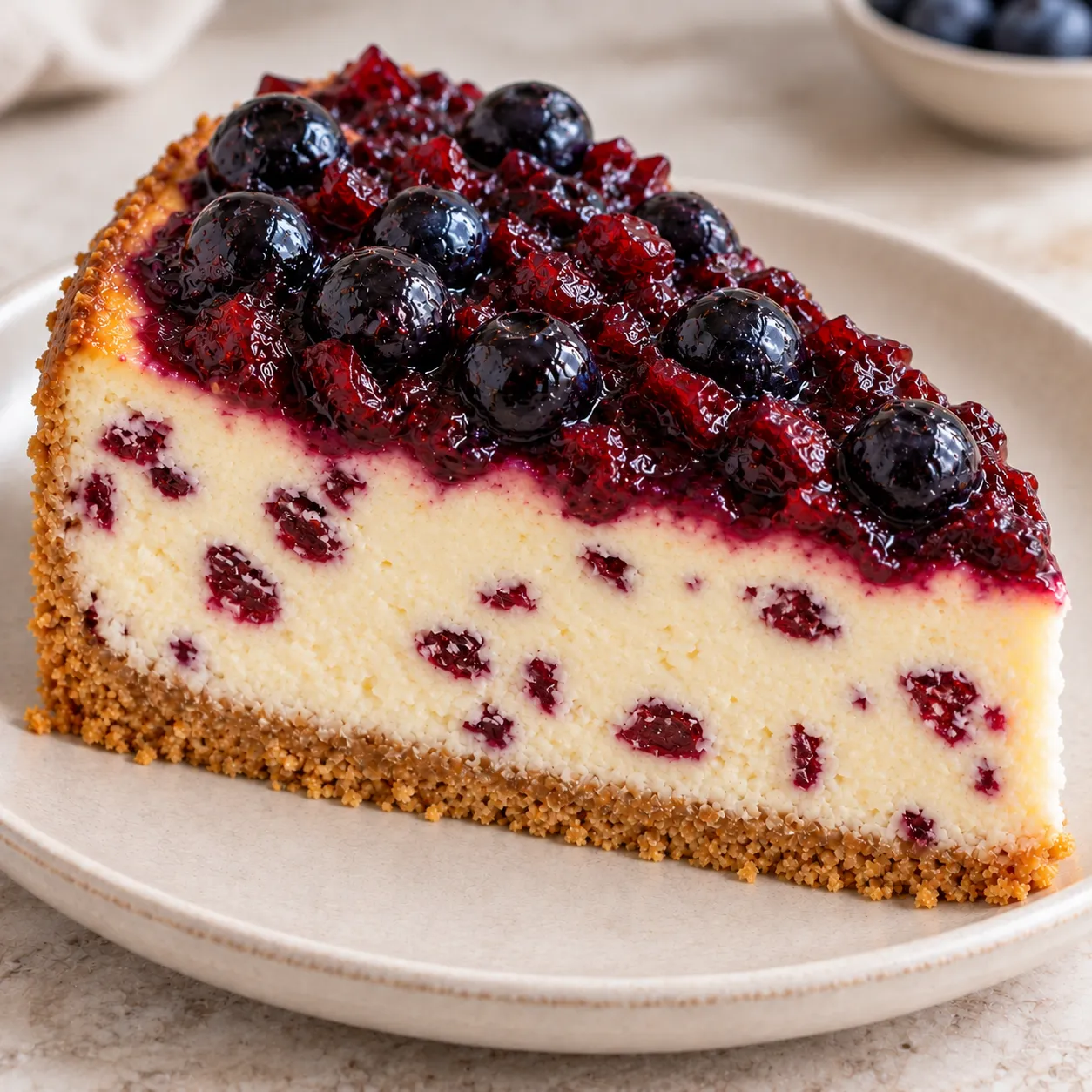 Baked cheesecake with blueberries and lemon — cranberries
