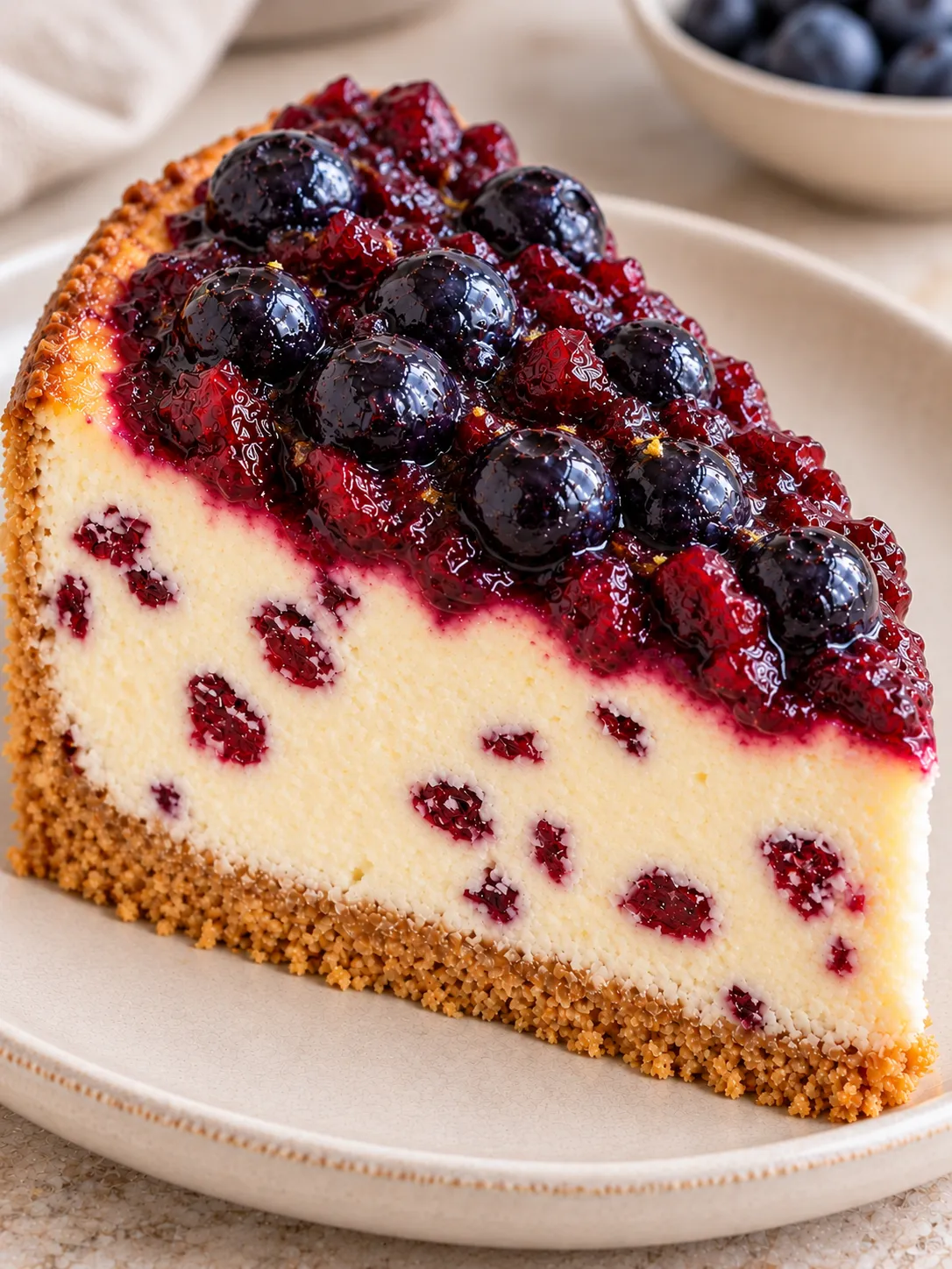 Baked cheesecake with blueberries and lemon — cranberries