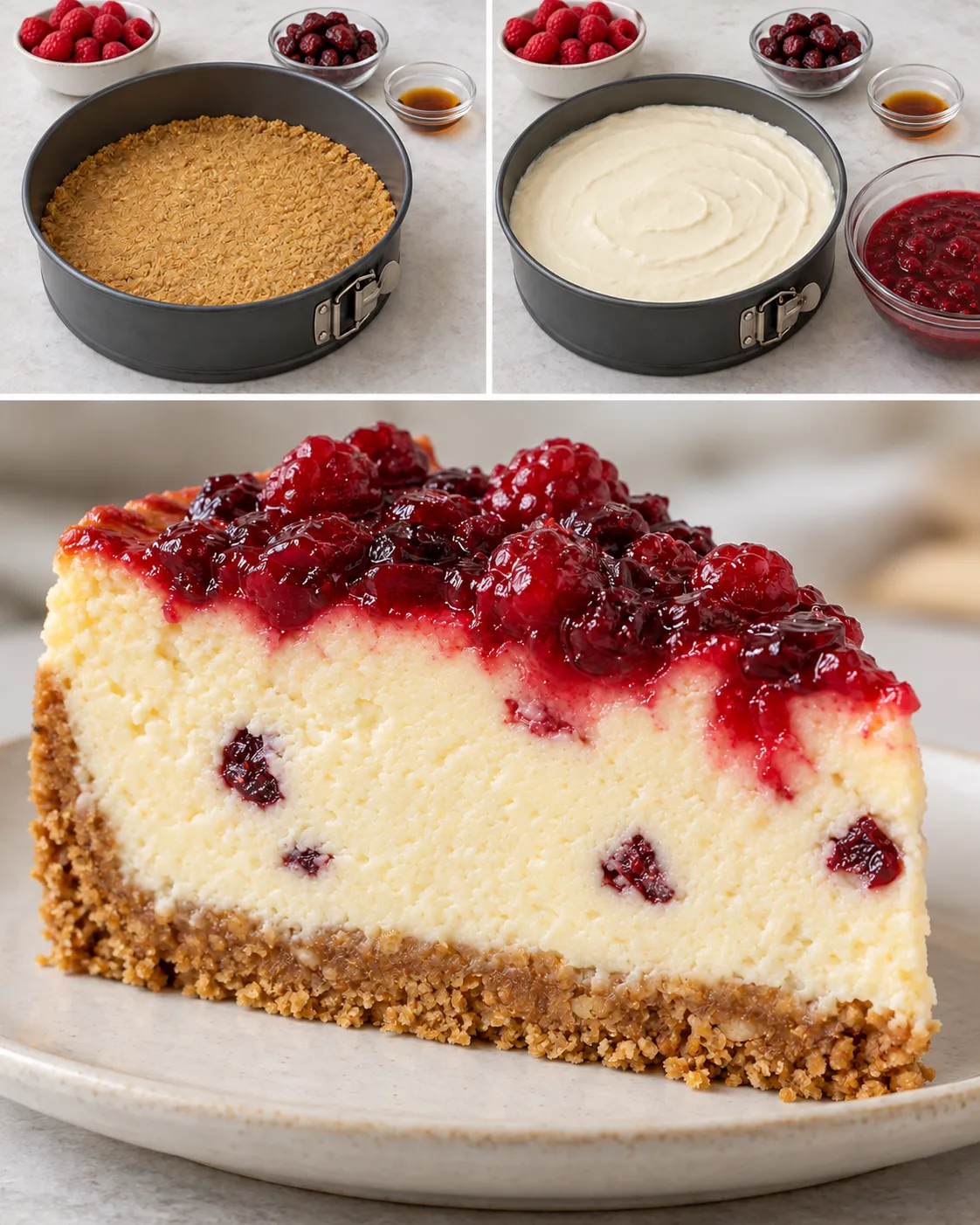 Baked cheesecake with raspberries and vanilla — cranberries