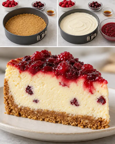 Baked cheesecake with raspberries and vanilla — cranberries