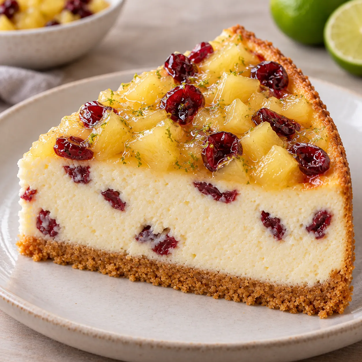 Baked cheesecake with pineapple and lime — cranberries