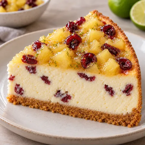 Baked cheesecake with pineapple and lime — cranberries