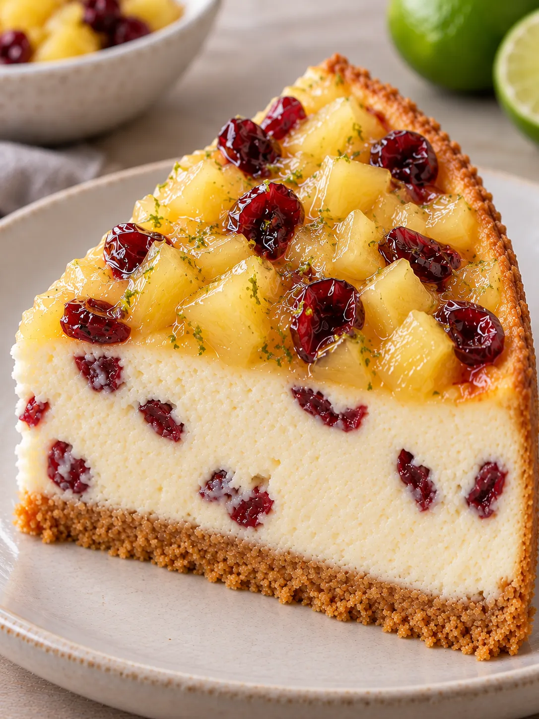 Baked cheesecake with pineapple and lime — cranberries