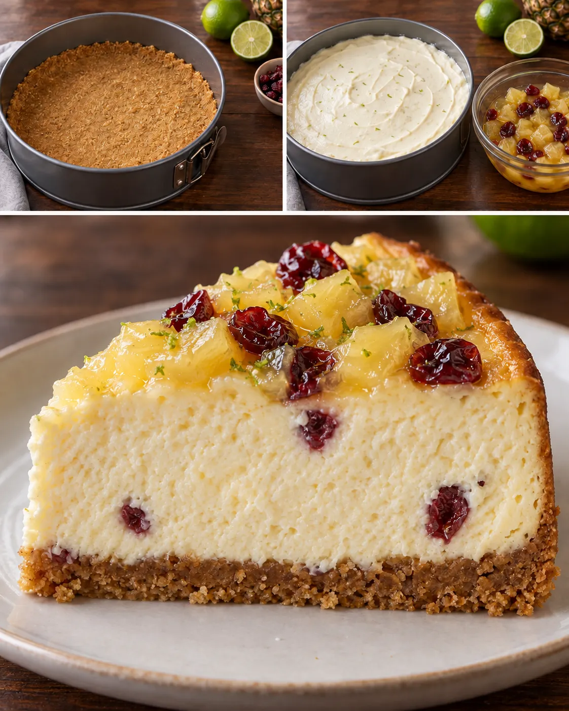 Baked cheesecake with pineapple and lime — cranberries