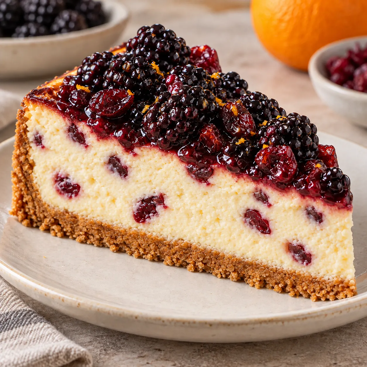 Baked cheesecake with blackberries and orange — cranberries