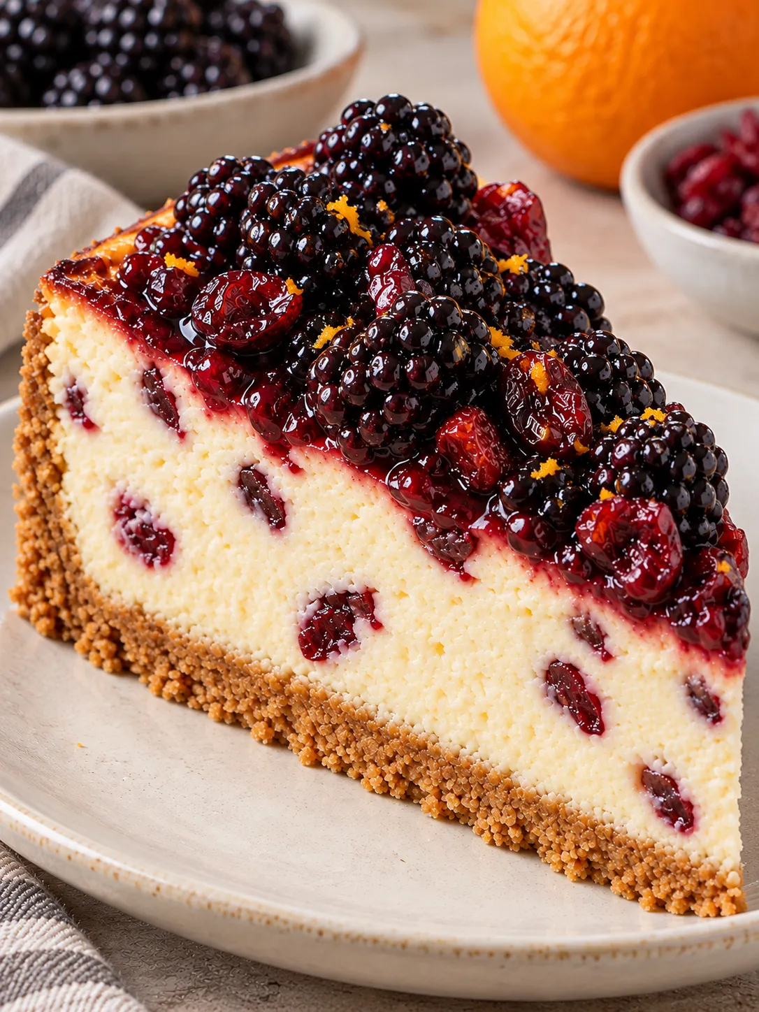Baked cheesecake with blackberries and orange — cranberries