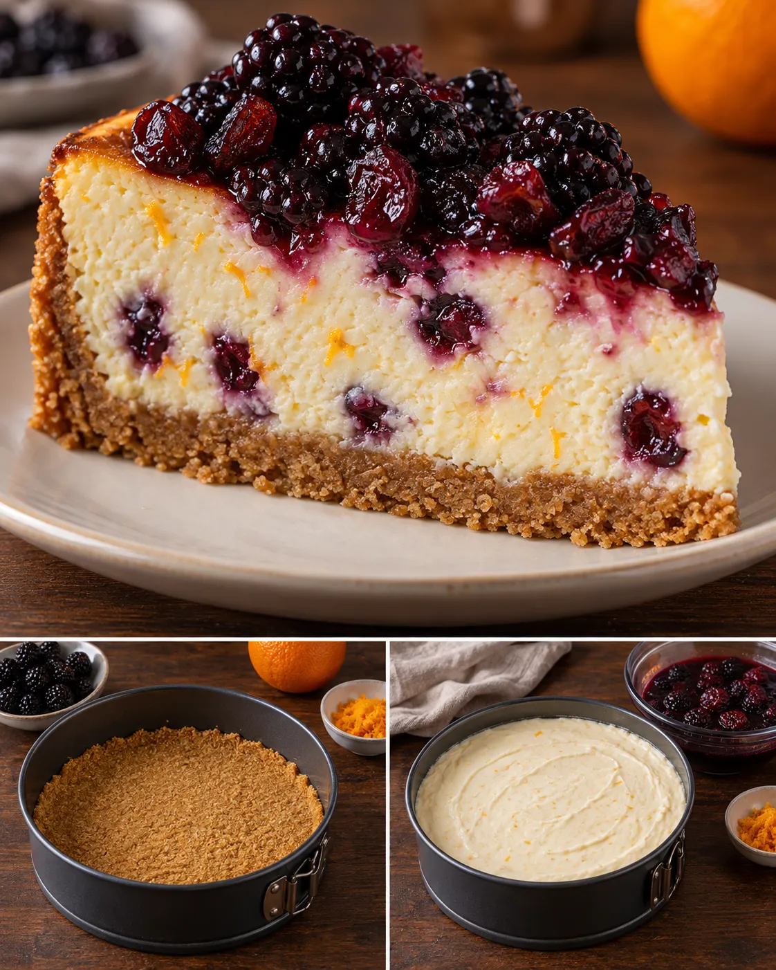 Baked cheesecake with blackberries and orange — cranberries