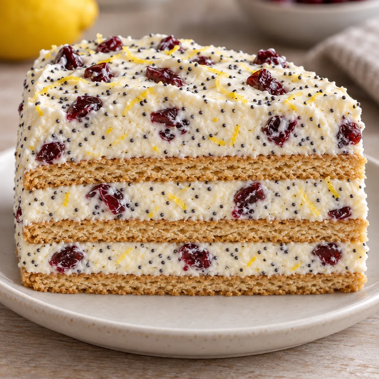 No-bake biscuit cake with lemon and poppy seeds — cranberries